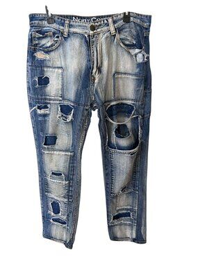 Normcore Men's 34x30 Distressed Patchwork Repair Jeans Grunge Streetwear